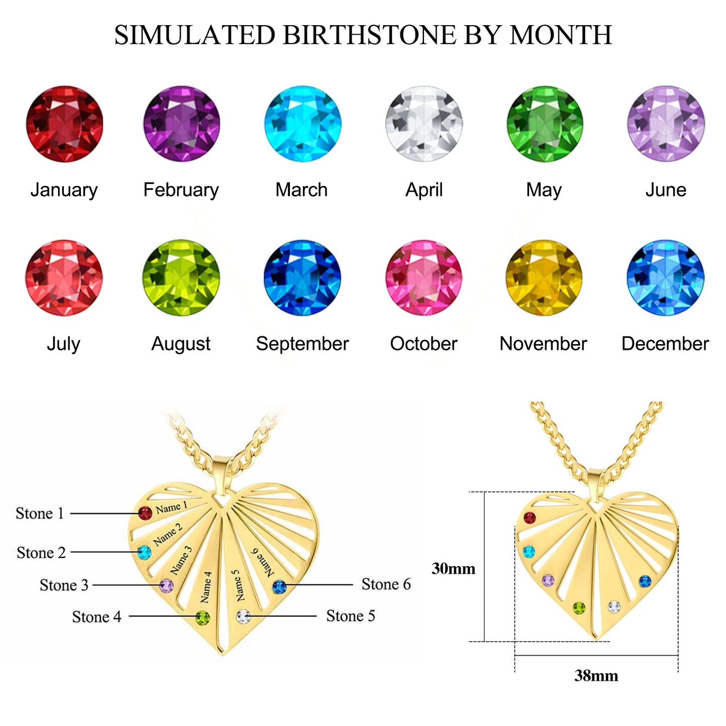 Personalized Heart Birthstone Necklace/Custom Engrave 1-8 Names