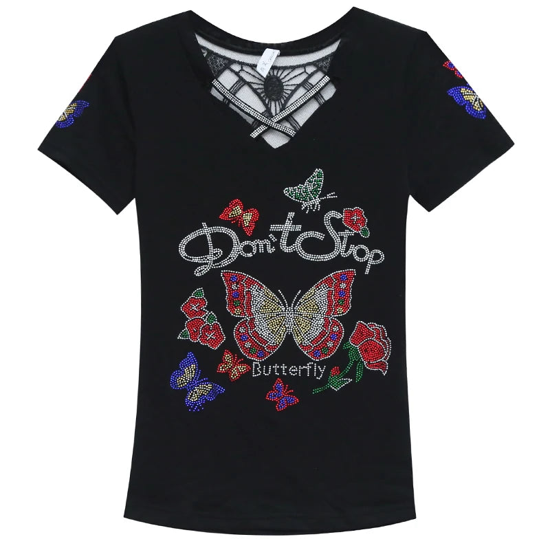 Summer T-shirt Hollow Out Diamonds Letter Butterfly Women