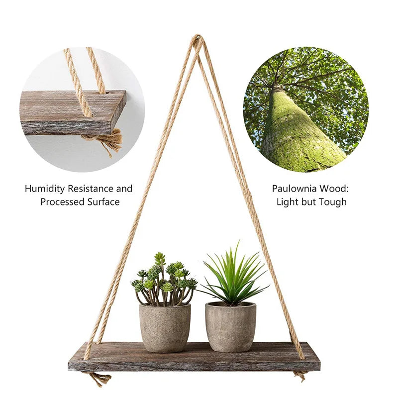 Wall Swing Storage Shelves Wood Hanging Shelf Jute Rope