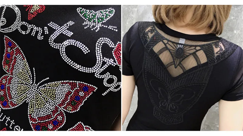 Summer T-shirt Hollow Out Diamonds Letter Butterfly Women
