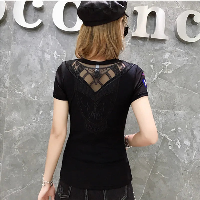 Summer T-shirt Hollow Out Diamonds Letter Butterfly Women