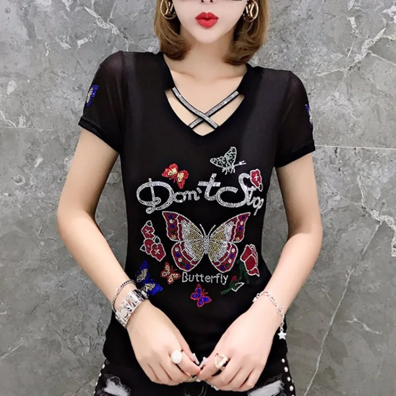 Summer T-shirt Hollow Out Diamonds Letter Butterfly Women