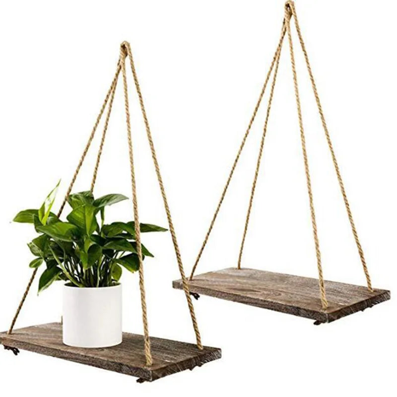 Wall Swing Storage Shelves Wood Hanging Shelf Jute Rope