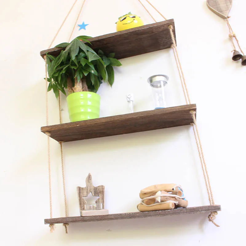 Wall Swing Storage Shelves Wood Hanging Shelf Jute Rope