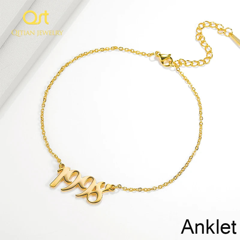 Personalized Name or Year Anklets Gold Color Stainless Steel