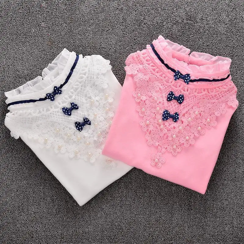 Girls Turtleneck Blouse Lace Shirt Cotton Long Sleeves