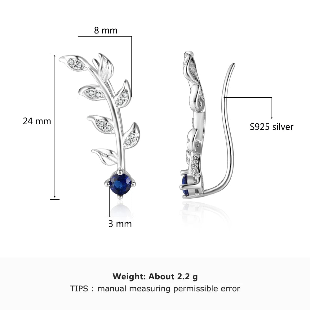 Royal Blue Climber Earrings Zirconia Leaves 925 Sterling Silver Stud for Women