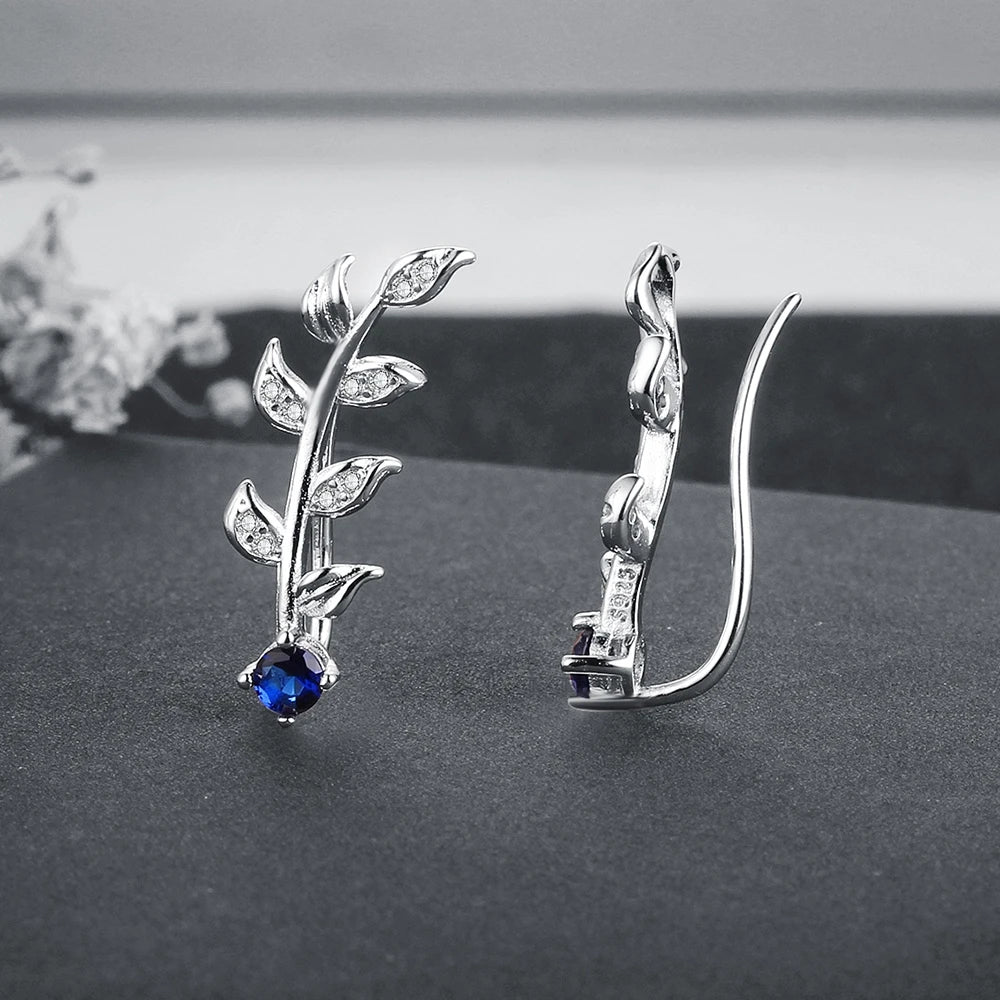 Royal Blue Climber Earrings Zirconia Leaves 925 Sterling Silver Stud for Women