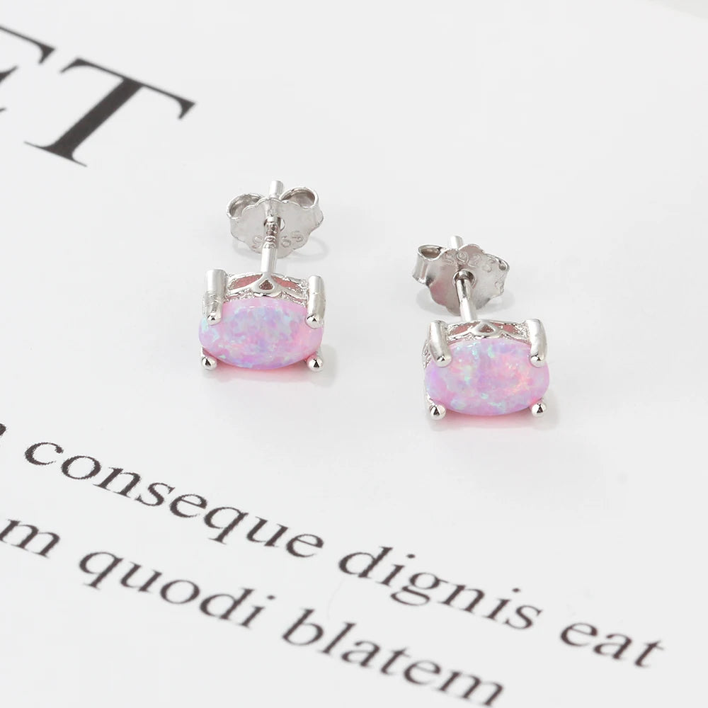 925 Sterling Silver Oval Pink Fire Opal Earrings for Women