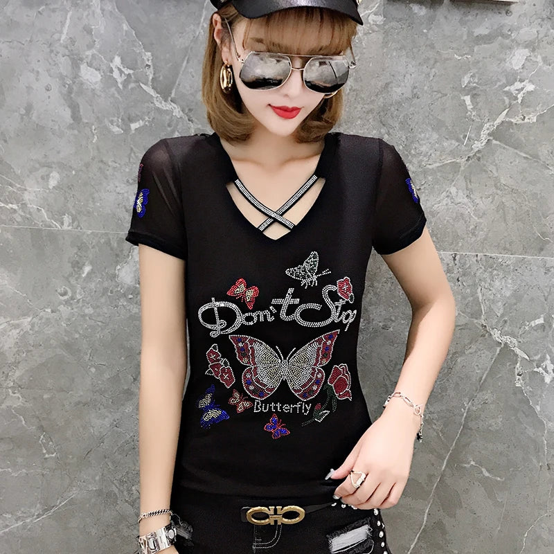 Summer T-shirt Hollow Out Diamonds Letter Butterfly Women