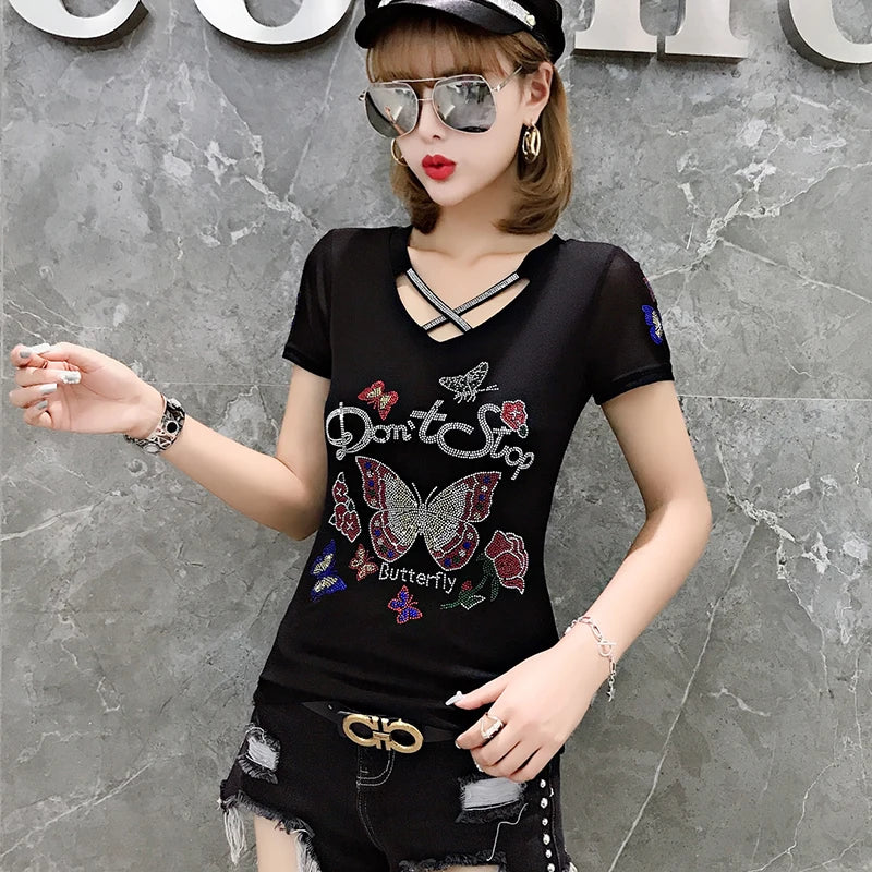 Summer T-shirt Hollow Out Diamonds Letter Butterfly Women