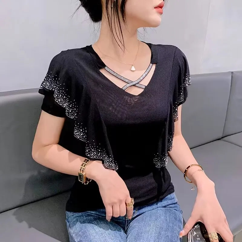 High Quality Women's T-Shirt V-NeckHollow Out Hot Diamonds Tees