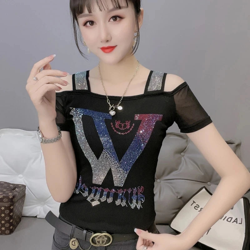 Summer T-shirt Hollow Out Diamonds Letter Butterfly Women