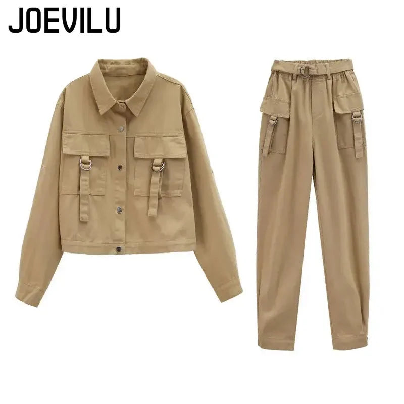 2PCS Streetwear Tracksuit Cargo Coat Casual Pants 2 Piece Sets Women's