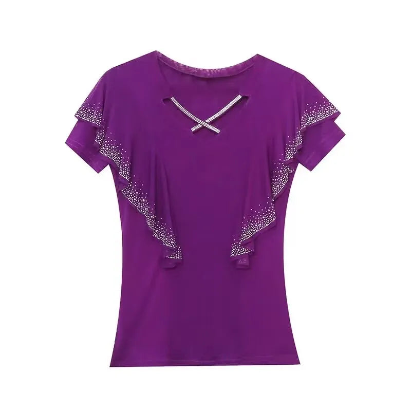 High Quality Women's T-Shirt V-NeckHollow Out Hot Diamonds Tees