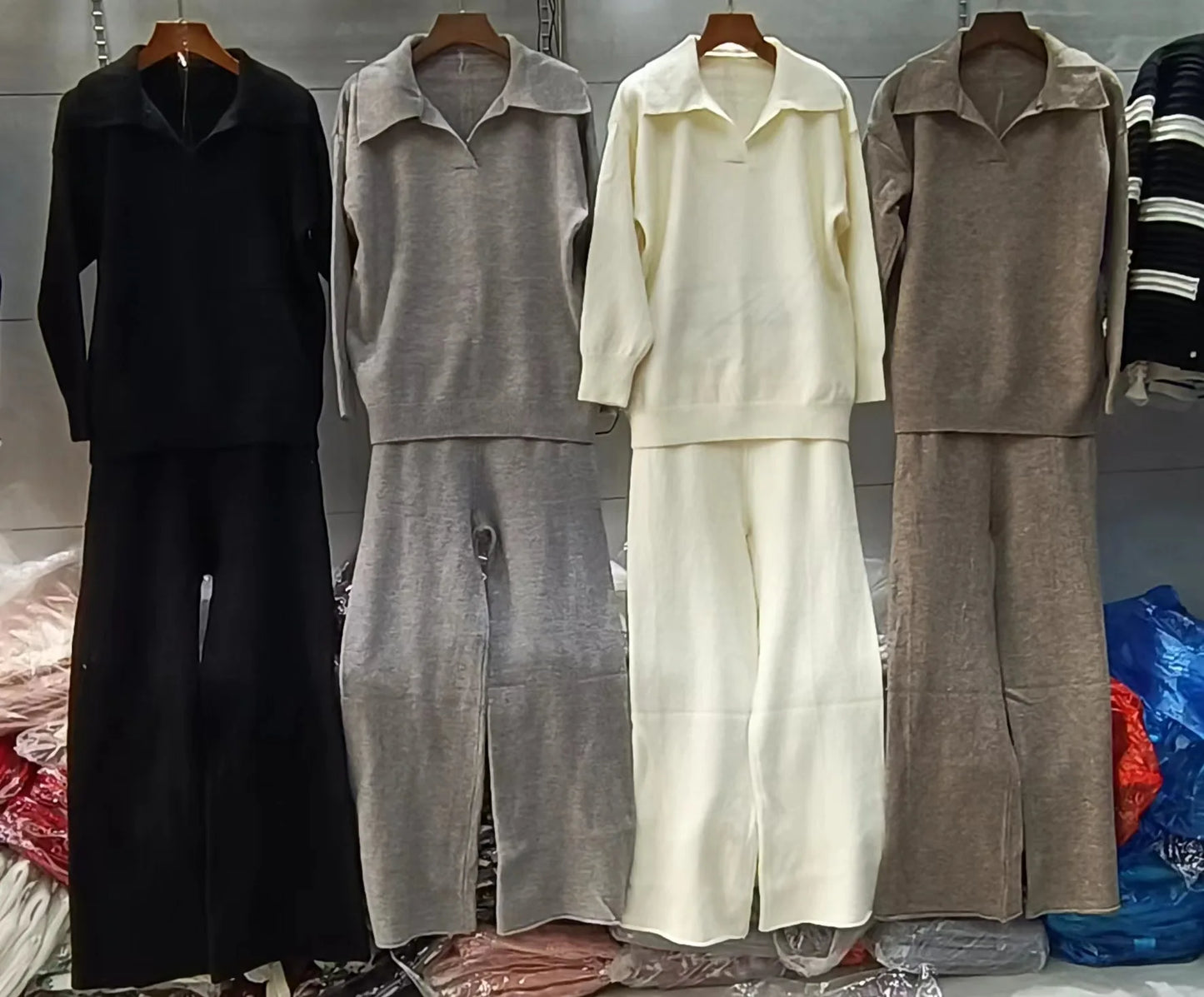 Loose Knitted 2piece Sets Women Polo Collar Sweater Pullover