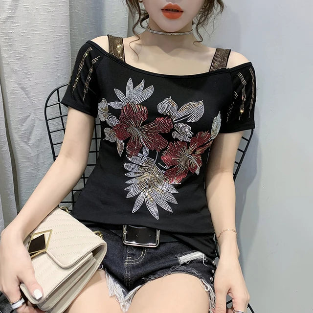 Summer T-shirt Hollow Out Diamonds Letter Butterfly Women