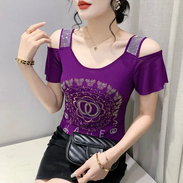 Summer T-shirt Hollow Out Diamonds Letter Butterfly Women