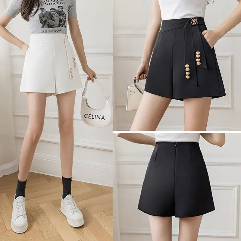 White or Black Shorts Ladies High Waist Zipper A-line Wide Leg