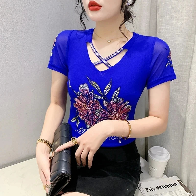 Summer T-shirt Hollow Out Diamonds Letter Butterfly Women