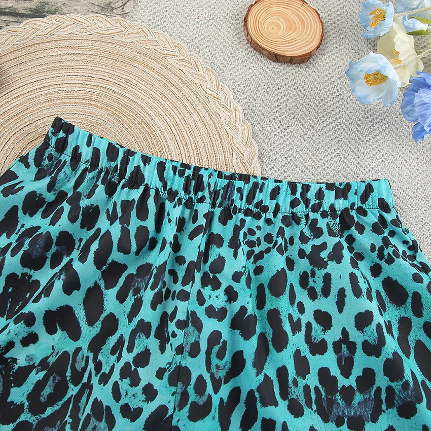 Green Leopard Print Shorts 2 Pieces Lady's Sleepwear
