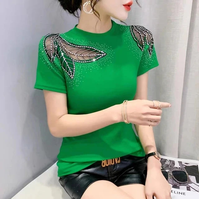 Summer T-shirt Hollow Out Diamonds Letter Butterfly Women