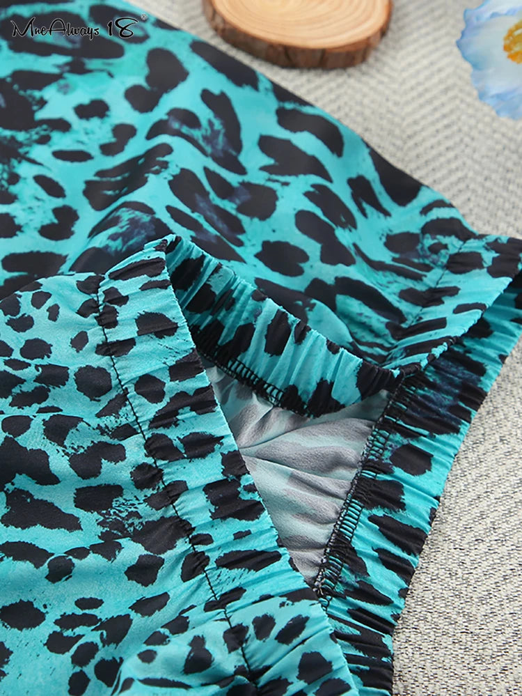 Green Leopard Print Shorts 2 Pieces Lady's Sleepwear