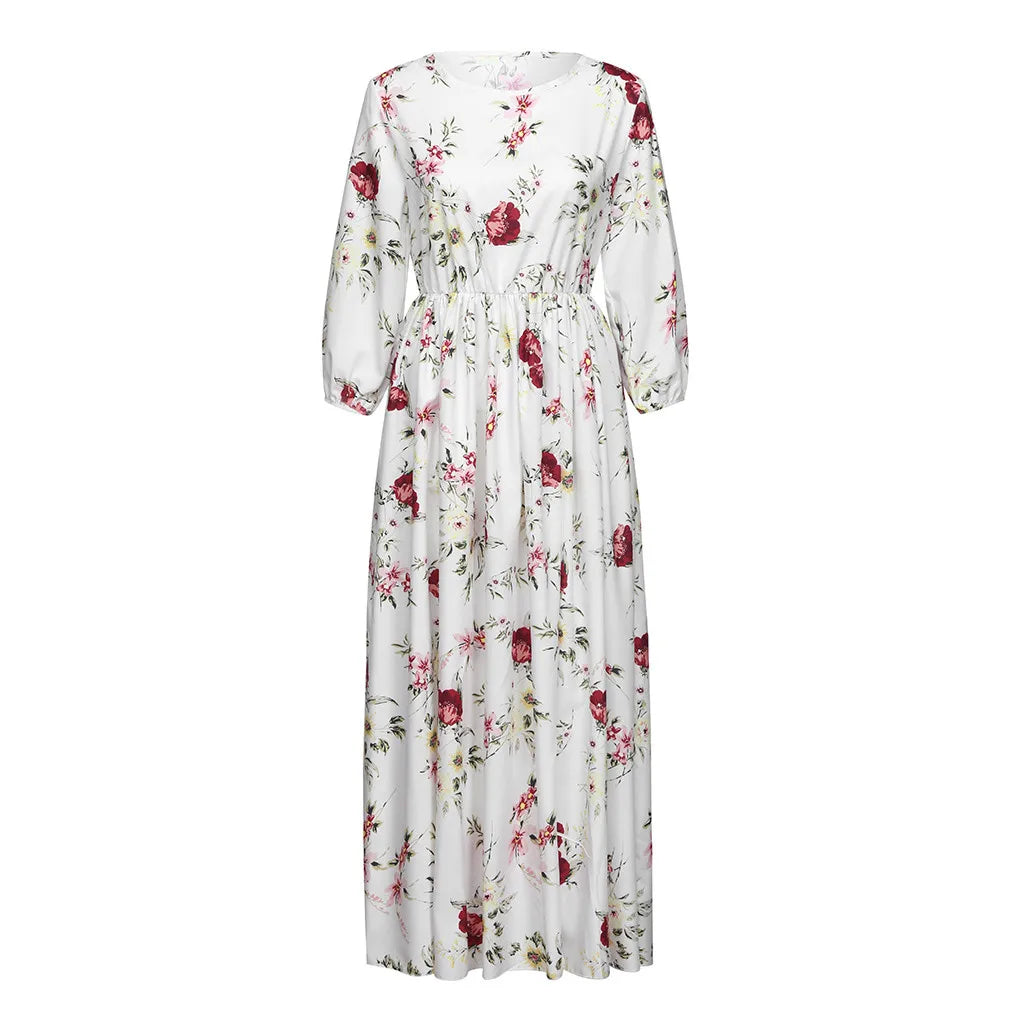 Summer Boho Floral-Printed Dresses Half Sleeve Maxi Dress Pleated Swing Dress