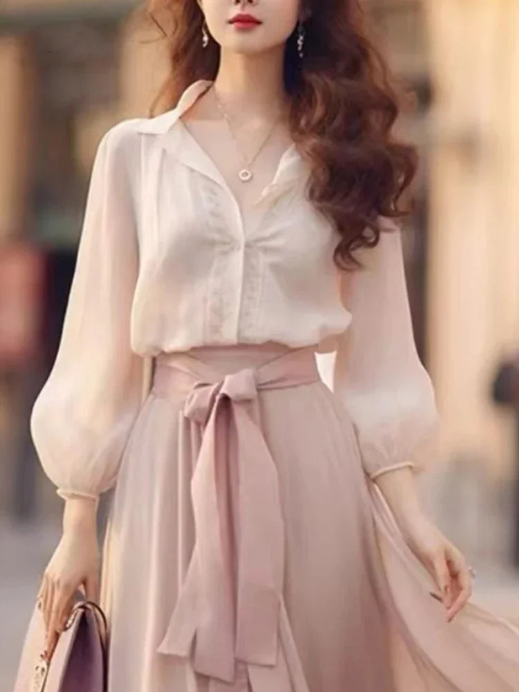 Elegant Retro French Women's Lace Up Long Sleeved Dress