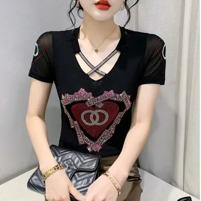 Summer T-shirt Hollow Out Diamonds Letter Butterfly Women