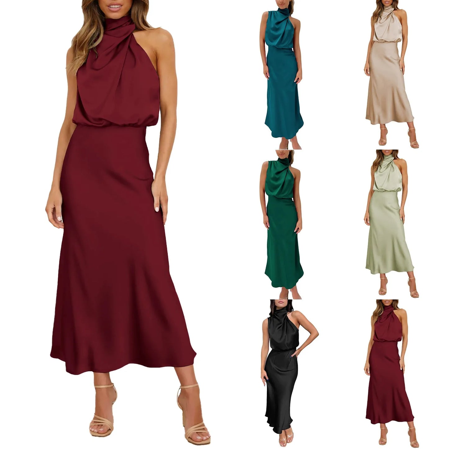 Satin High Waisted A Line Dress Elegant Swing Turtleneck Sleeveless Formal Long Dress