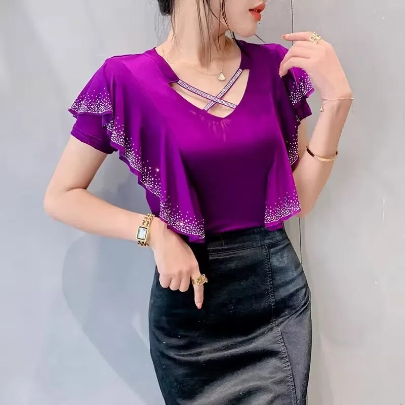 High Quality Women's T-Shirt V-NeckHollow Out Hot Diamonds Tees
