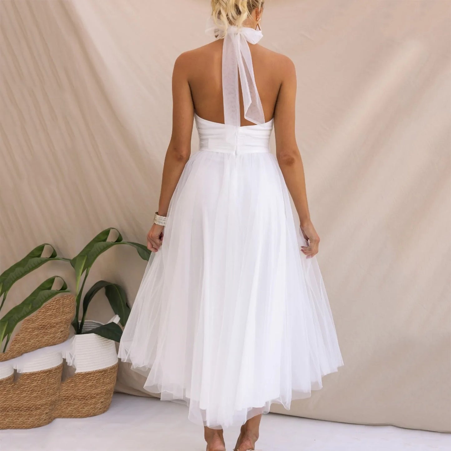 Sexy Halter Holiday Party Dress Off Shoulder Mesh Backless Pleated Dress