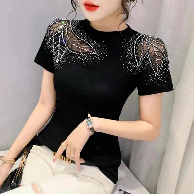 Summer T-shirt Hollow Out Diamonds Letter Butterfly Women