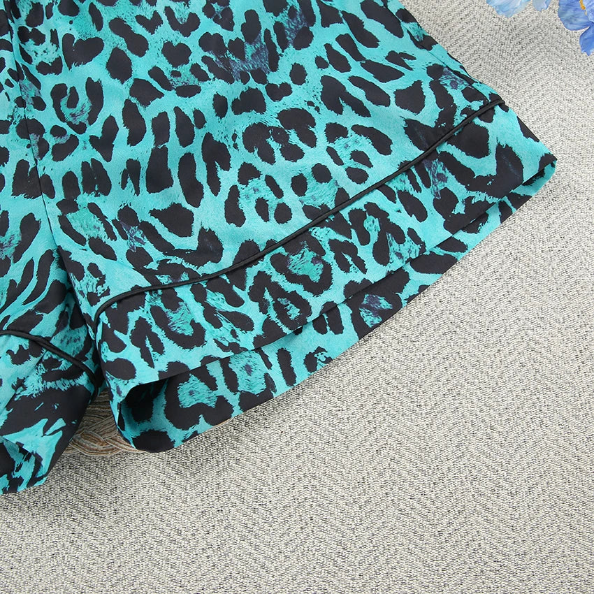 Green Leopard Print Shorts 2 Pieces Lady's Sleepwear