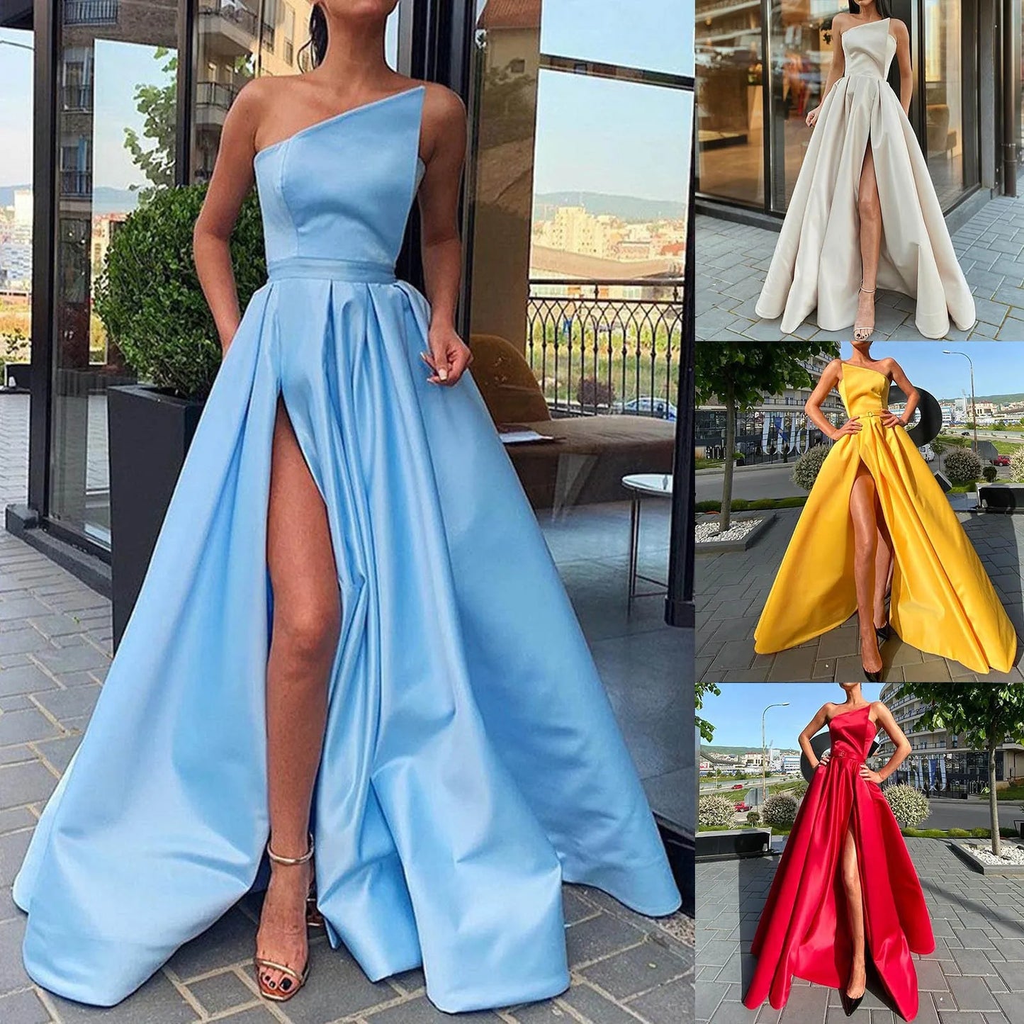 Ladies Satin A Line Dress Slim Fit One Shoulder Ruched Split Dress