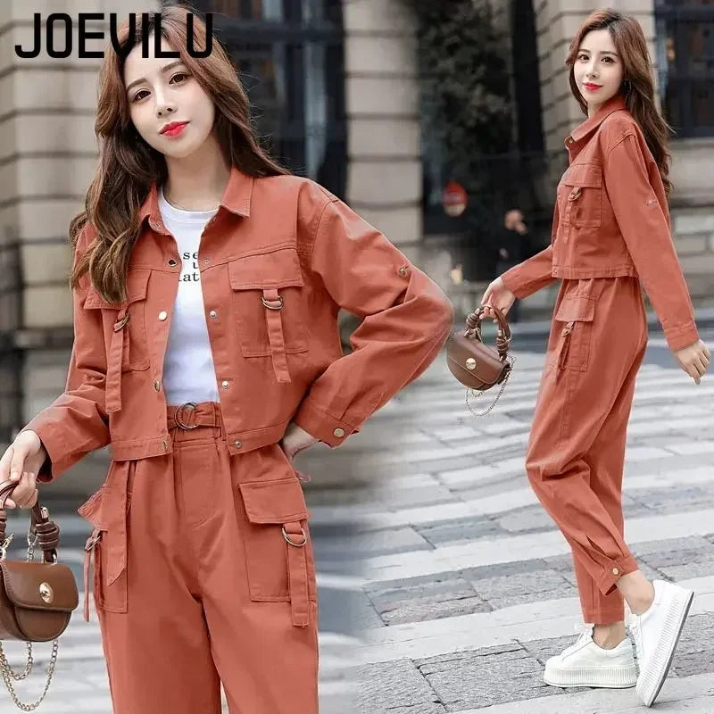 2PCS Streetwear Tracksuit Cargo Coat Casual Pants 2 Piece Sets Women's