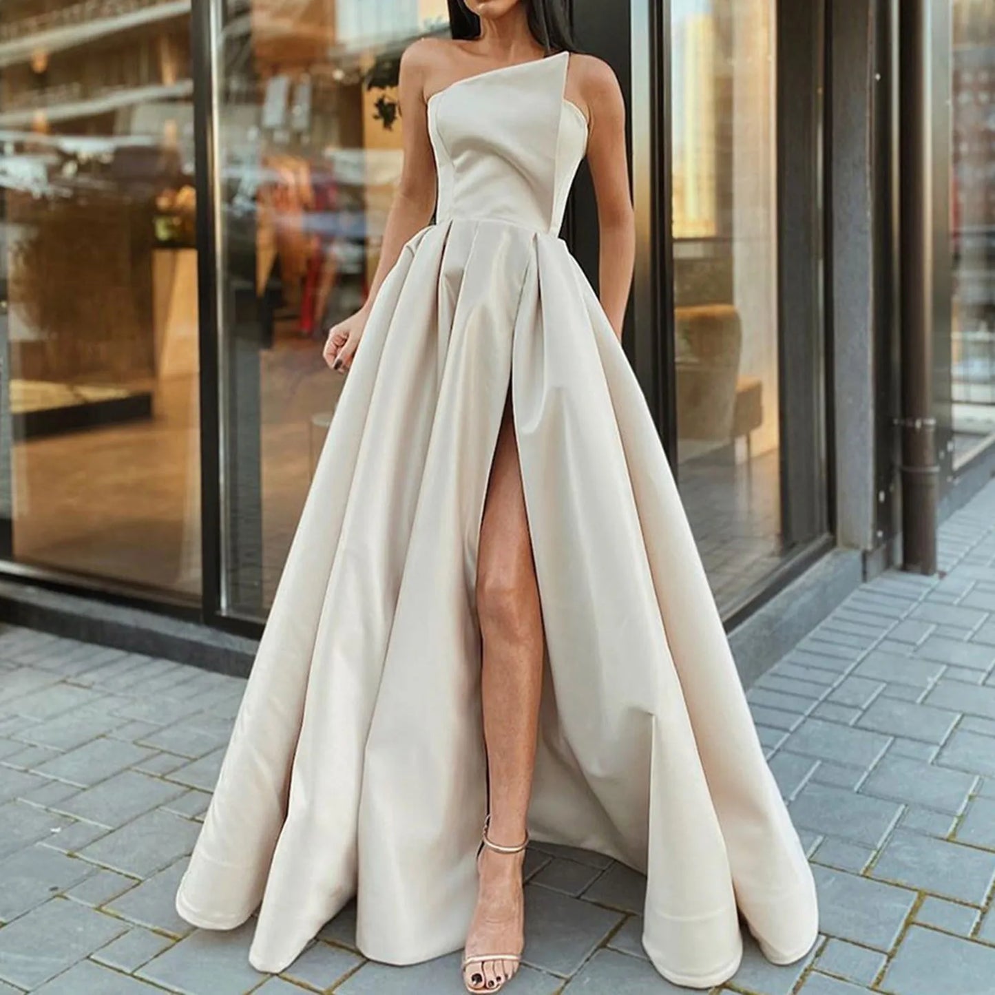 Ladies Satin A Line Dress Slim Fit One Shoulder Ruched Split Dress