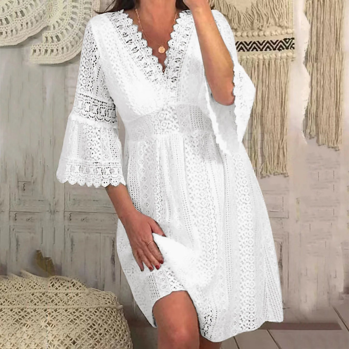 Women's Casual Lace Mid Dress Flare Sleeve Solid V-Neck Knee Length