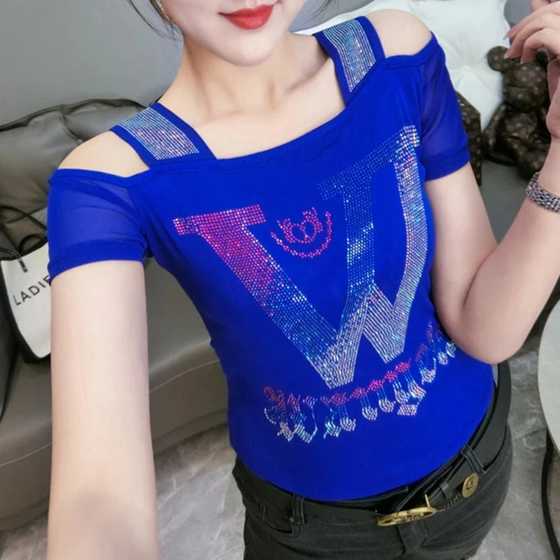 Summer T-shirt Hollow Out Diamonds Letter Butterfly Women
