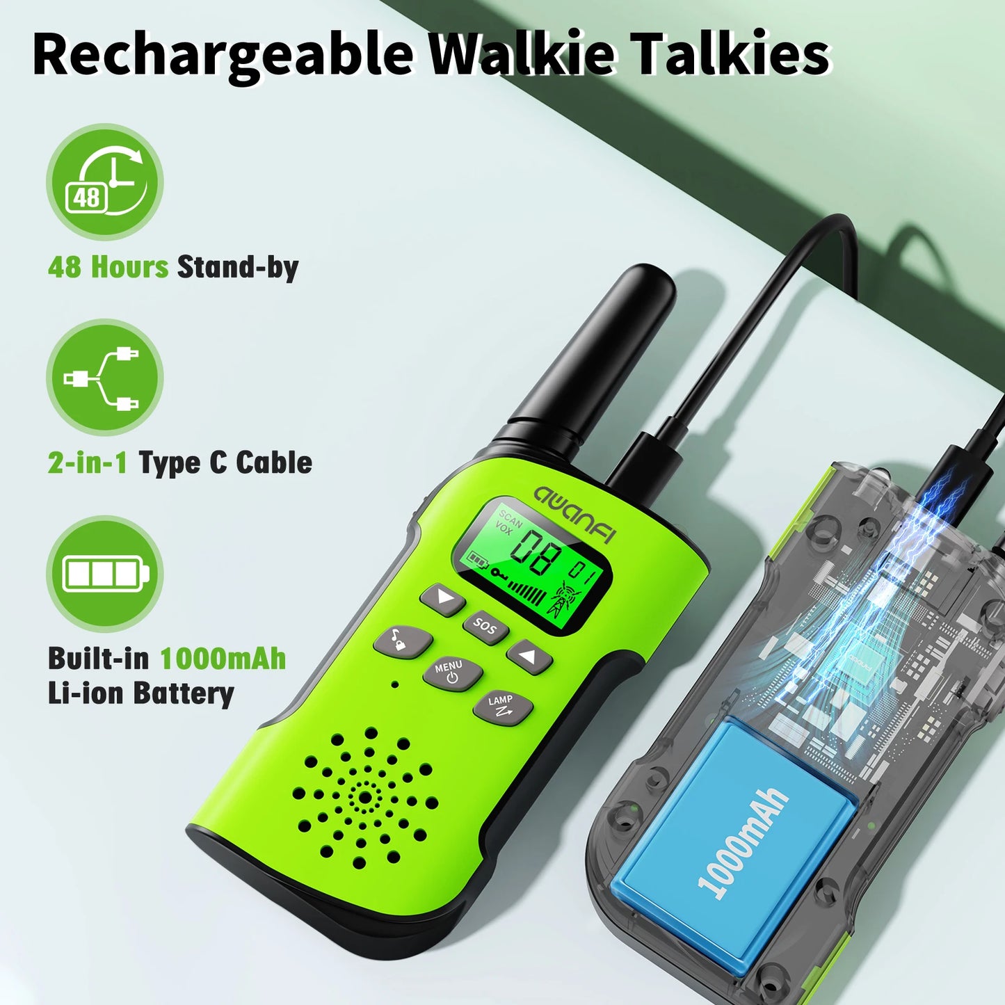 AWANFI Walkie Talkies 4 Packs Rechargeable for kids, Long Range Flashlight