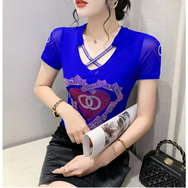 Summer T-shirt Hollow Out Diamonds Letter Butterfly Women
