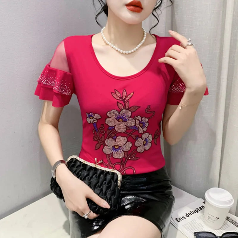 Summer T-shirt Hollow Out Diamonds Letter Butterfly Women