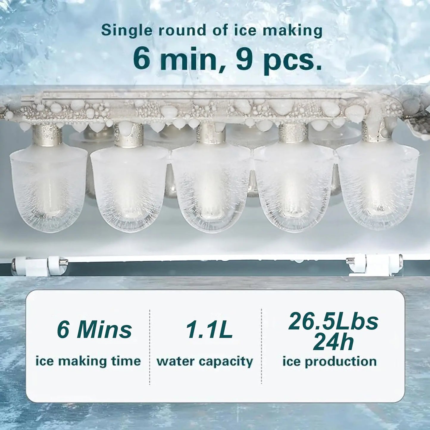 Countertop Ice Maker, Ice Maker Machine 6 Mins 9 Bullet Ice, 26.5lbs/24Hrs