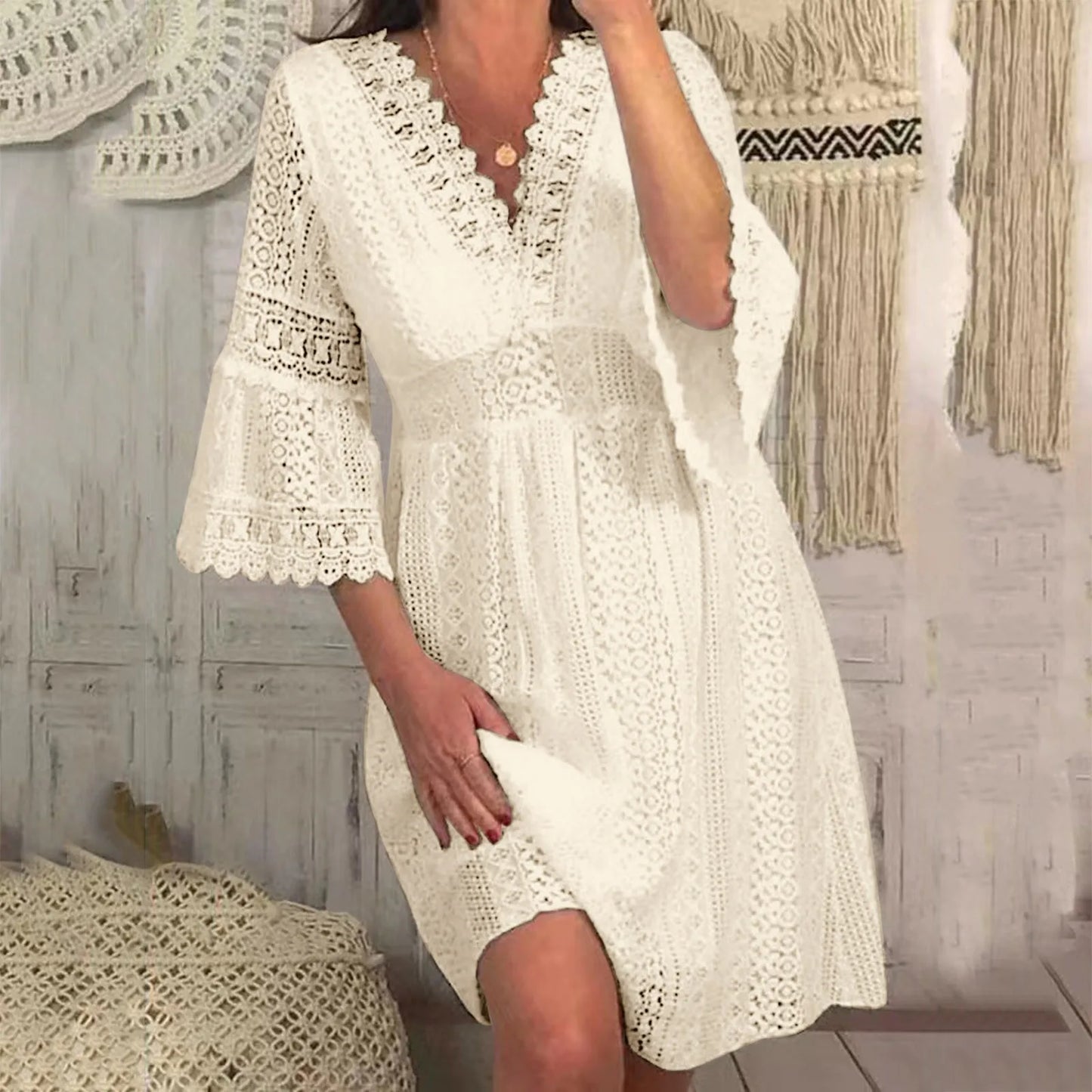 Women's Casual Lace Mid Dress Flare Sleeve Solid V-Neck Knee Length
