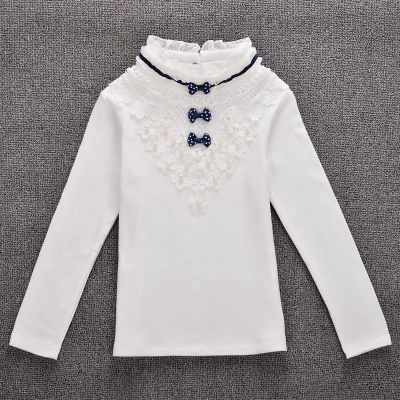 Girls Turtleneck Blouse Lace Shirt Cotton Long Sleeves