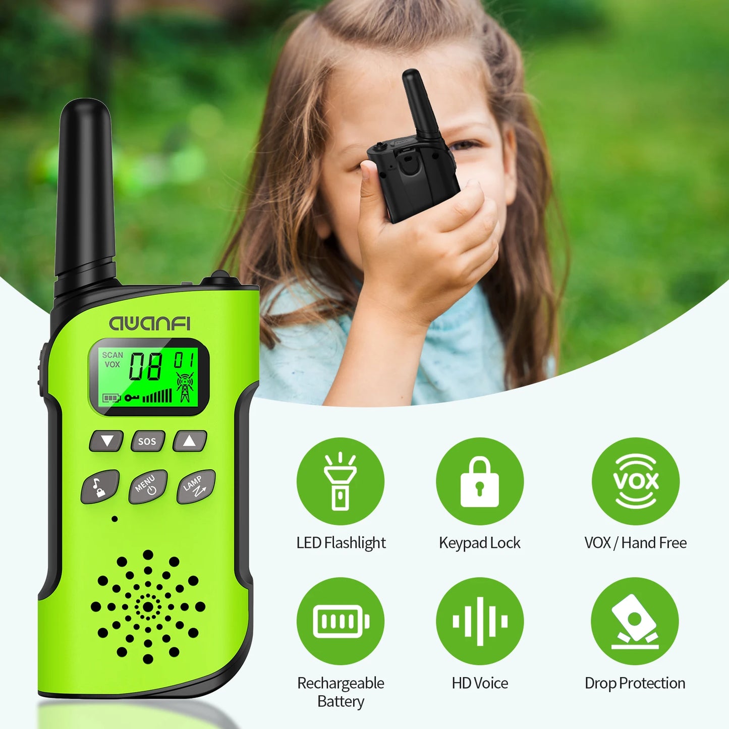 AWANFI Walkie Talkies 4 Packs Rechargeable for kids, Long Range Flashlight
