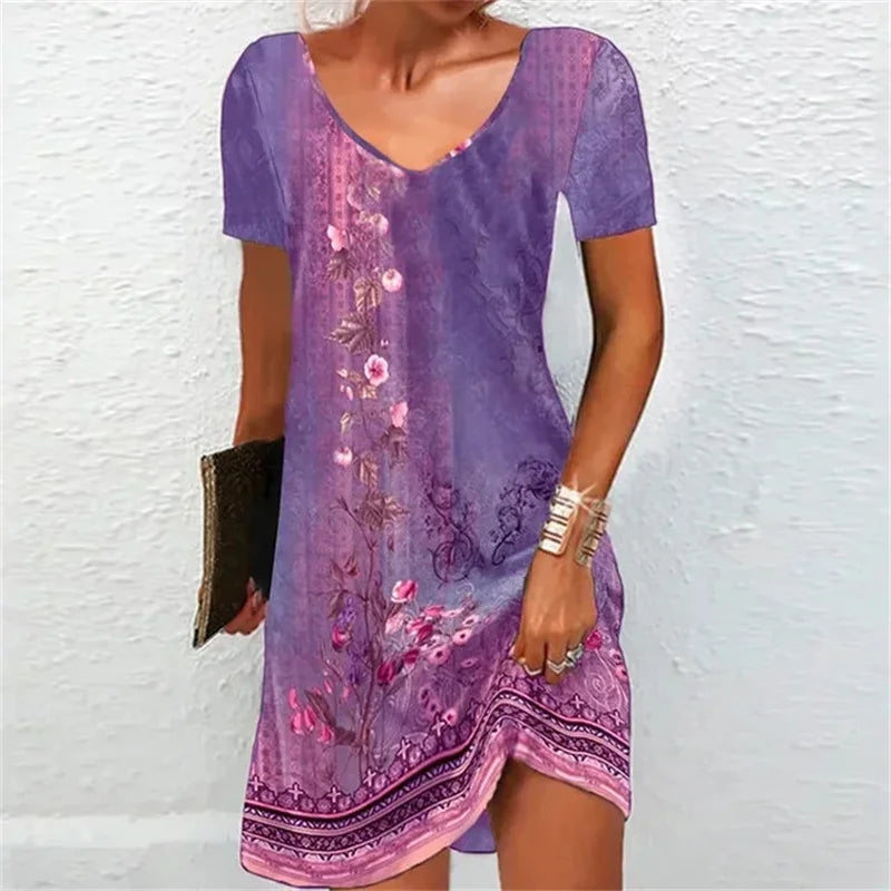 Printed Women Dress Size SMALL-6XL V-neck Short Sleeve
