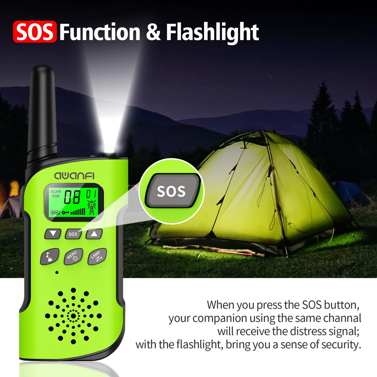 AWANFI Walkie Talkies 4 Packs Rechargeable for kids, Long Range Flashlight