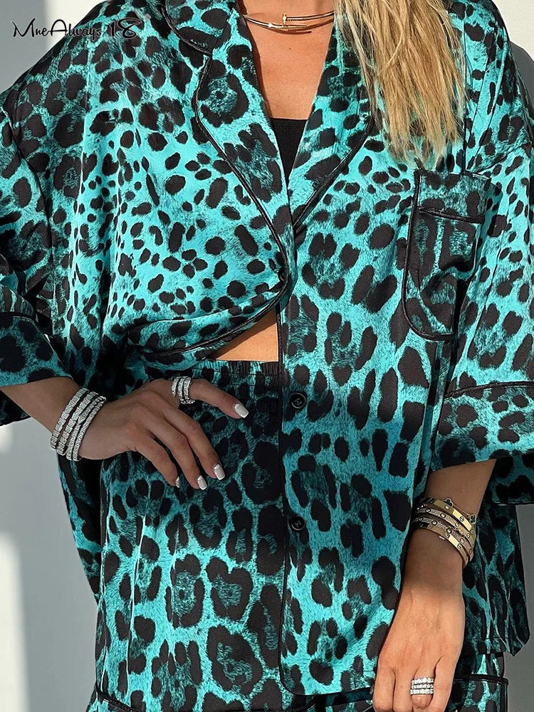 Green Leopard Print Shorts 2 Pieces Lady's Sleepwear